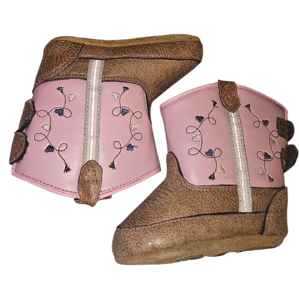 Old West Pink and Brown Embroidered Baby Western Booties